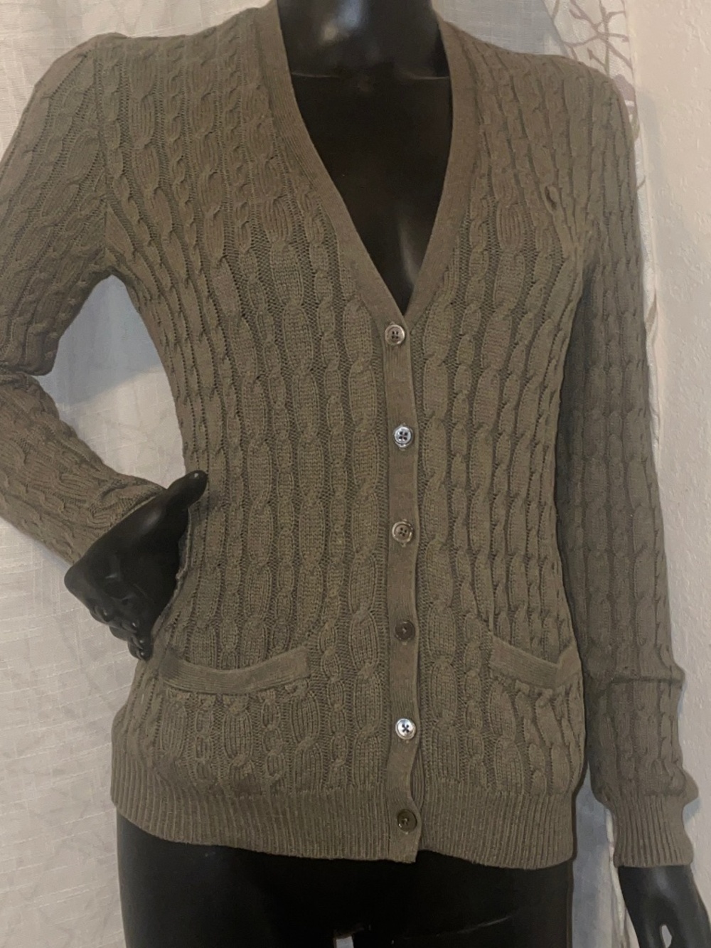 VTG Ralph Lauren Sport Olive Green Cable Knit Cotton Cardigan M
